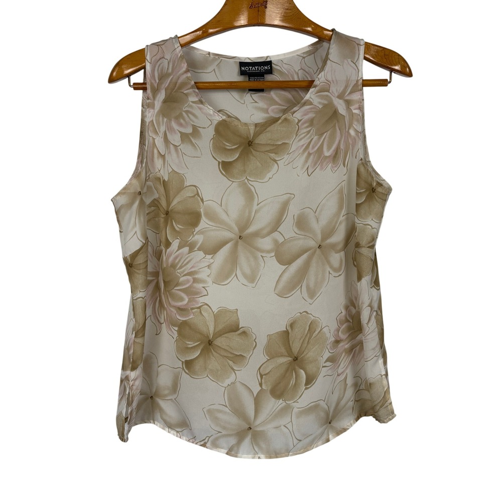 Notations Sleeveless Floral Blouse Size‎ L Tan Cream Pink Sheer Scoop Neck Top